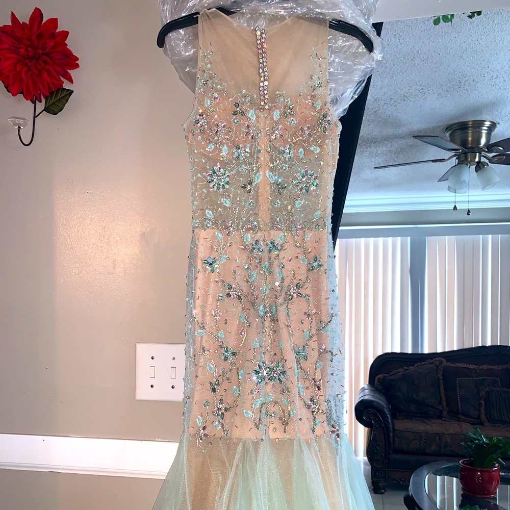 Long teal and beige mermaid dress